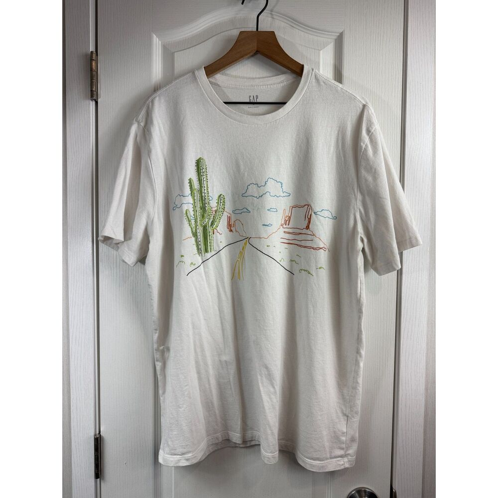 GAP Men’s XL Desert Cactus Graphic T-Shirt White Southwest Scenic Tee